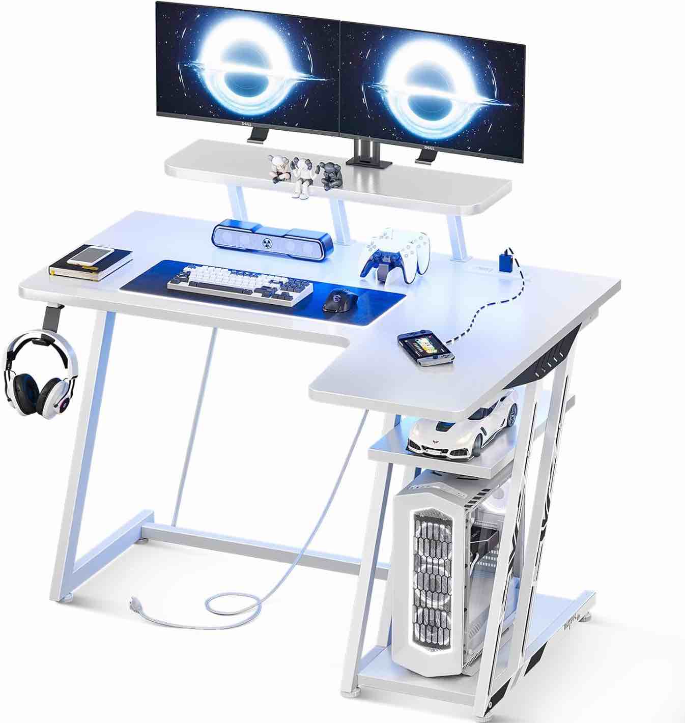 White Gaming Desk L Shaped with LED Lights, Small Corner Computer Desk 39inch with Power Outlets, Gaming Table with PC Storage Shelf, Gamer Desk with Monitor Shelf, Carbon 