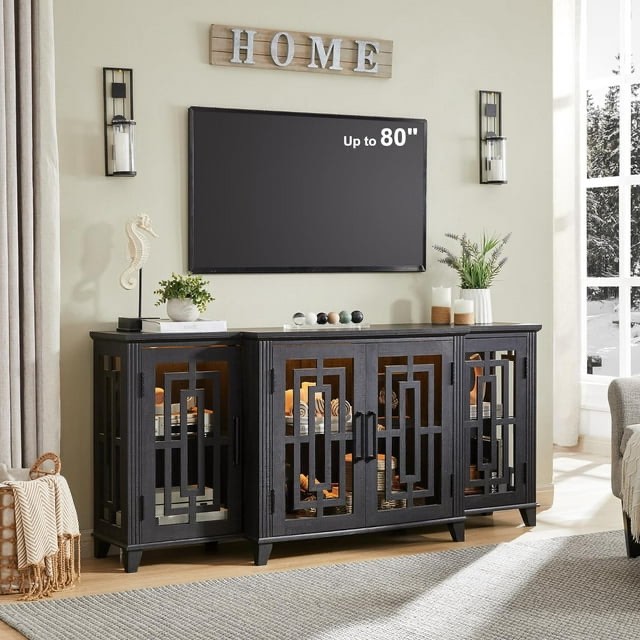 70" TV Stand for TVs up to 80 Inch, Farmhouse Entertainment Center with RGB LED Light for Living Room, Black