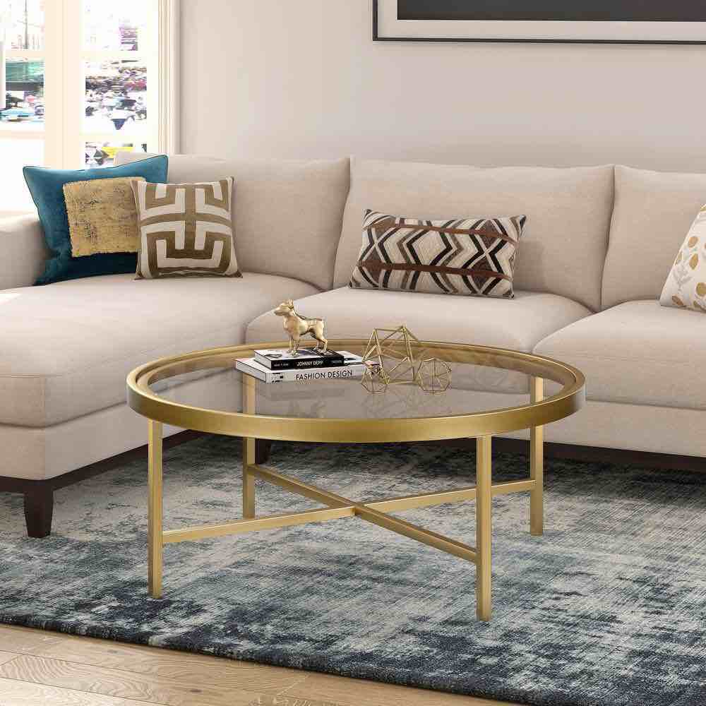 Xivil 36 in. Brass Round Glass Top Coffee Table (CT0204)