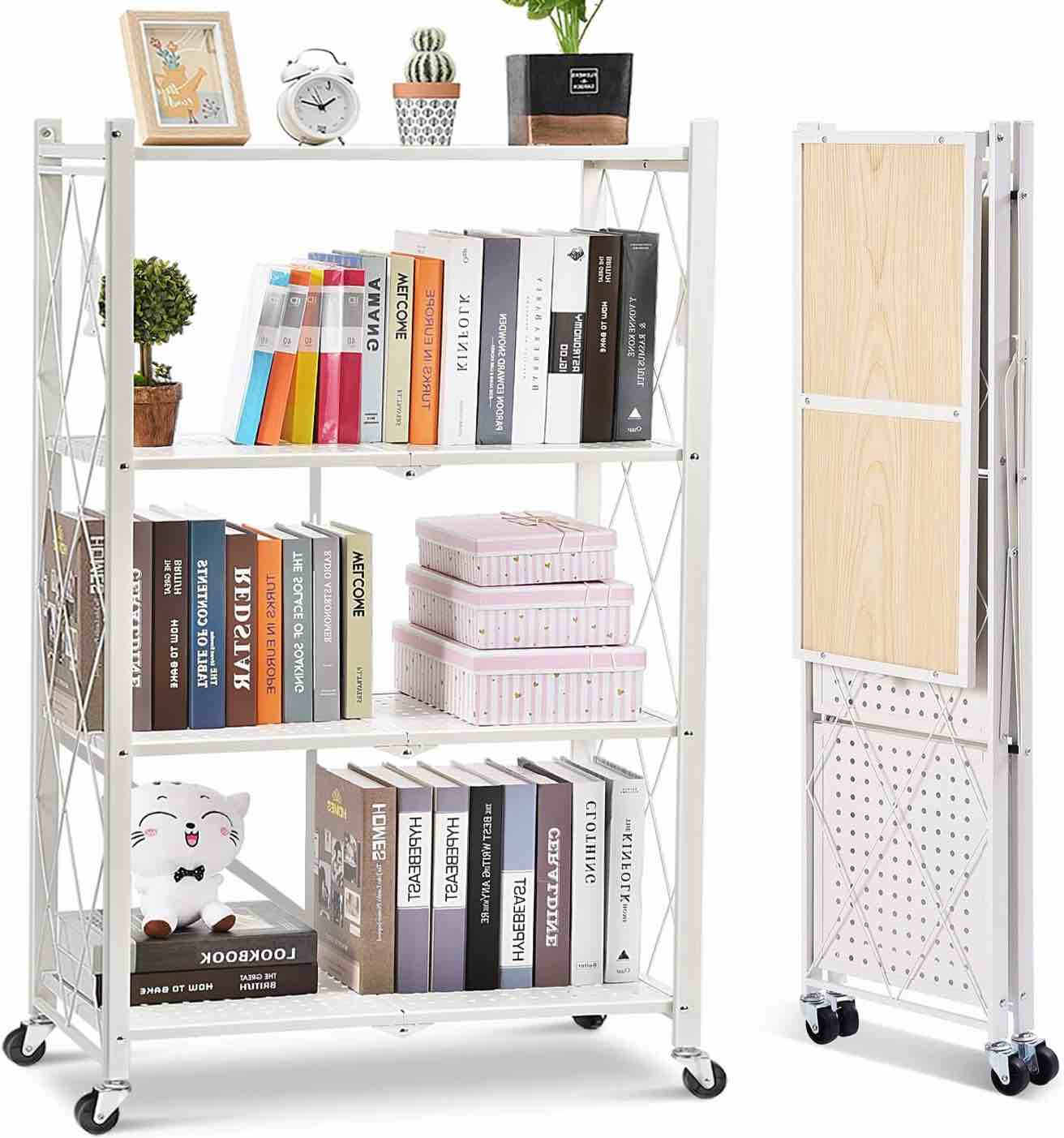 Zouf WK271503 Metal Rack, Storage Rack, Foldable, 4 Tiers, Wood Board Included, Casters, Rustproof Treatment, Width 28.0 x Depth 15.0 x Height 49.6 inches... (WK271503)