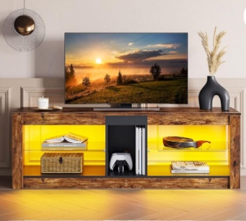 Bestier Entertainment Center Gaming TV Stand for 55 Inch+ TV LED Television Stand with 2 Adjustable Glass Shelves PS Game Console Cabinet for Living Room, Rustic Brown