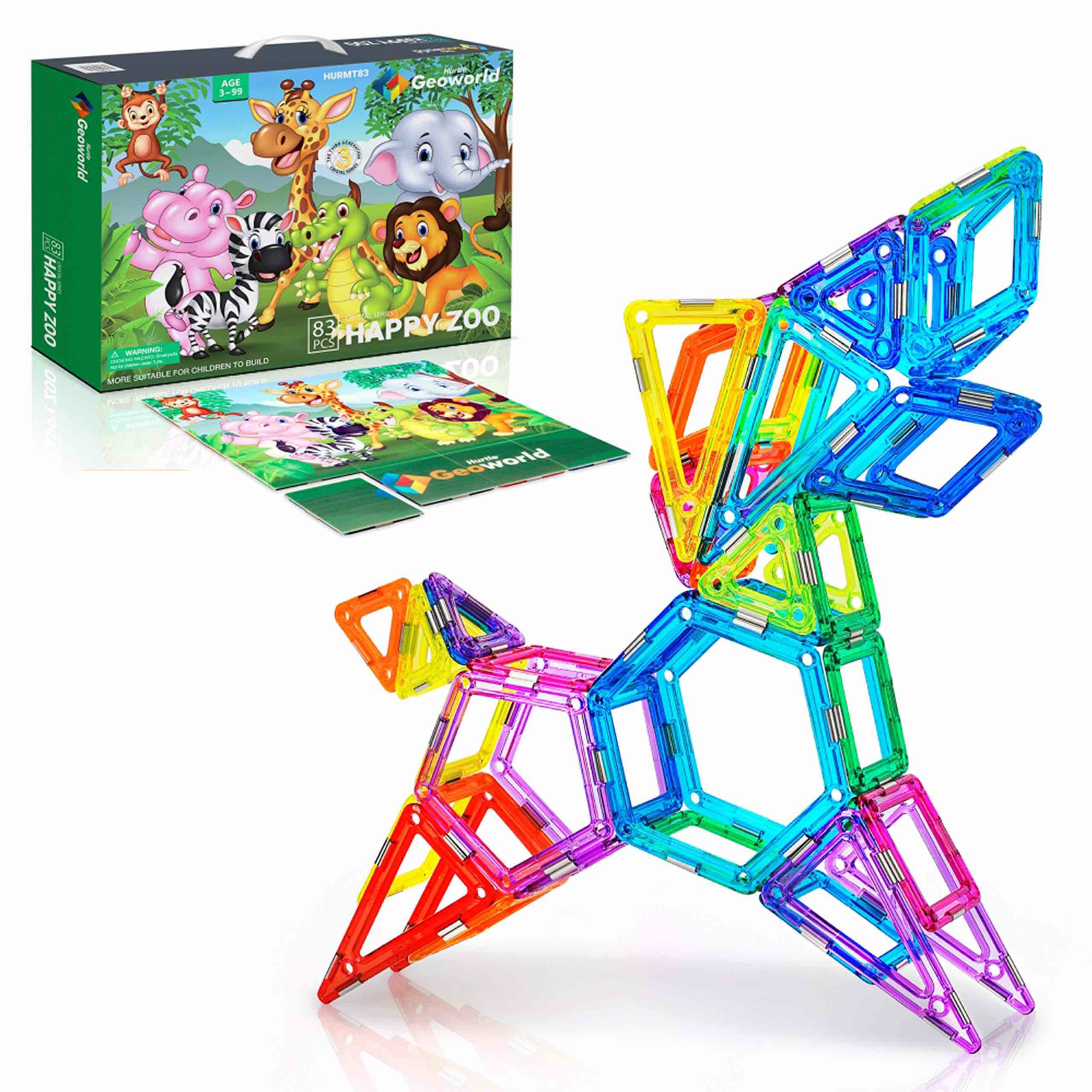 Hurtle  Geo World Crystal Series Happy Zoo Magnetic Tiles (83 Pieces)