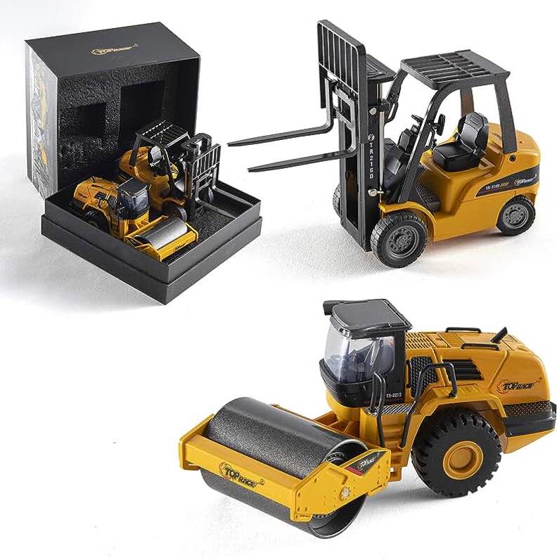 top race Metal diecast construction set of 2 heavy metal fork lift and road roller with heavy rubber tires 