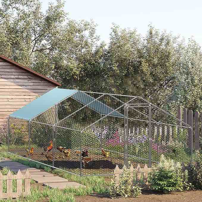 roomtec Large Chicken Coop Metal Chicken Run for 20 Chickens,Walk-in Poultry Cage for Yard with Waterproof and Anti-UV Cover Lockable Door Design(9.8'Lx19.6'Wx6.4'H)