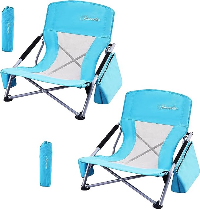 Funcode Low Beach Camping Folding Chair with Cooler Bag,Heavy Duty Portable Chair with Carry Bag for Camping, Beach, Picnic, Barbeques, Sporting Event.(Blue-1)