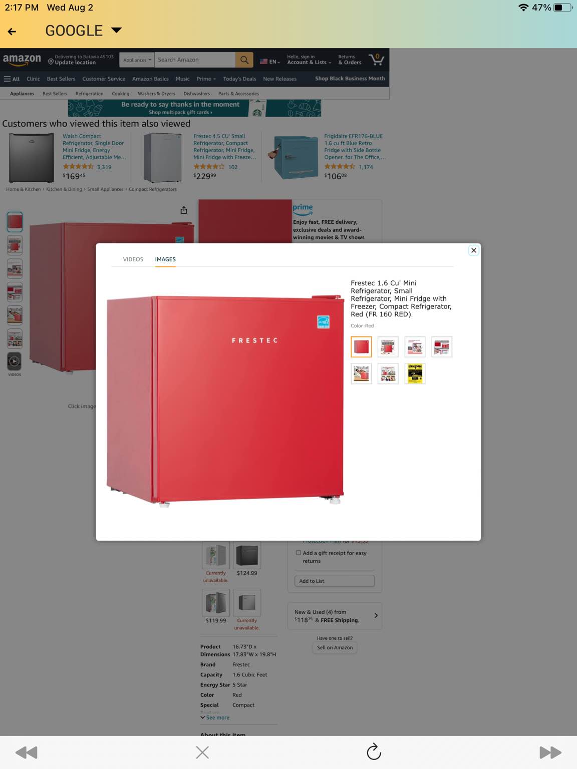 Refrigerator, Small Refrigerator, Mini Fridge with Freezer, Compact Refrigerator, Red (FR 160 RED) Visit the Frestec Store 4.5 4.5 out of 5 stars    234 ratings | 41 answered questions Amazon's Choice in Compact Refrigerators by Frestec $119.99$119.99  FREE Returns  Available at a lower price from other sellers that may not offer free Prime