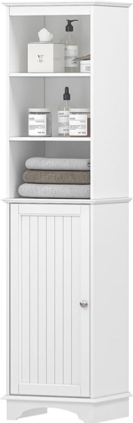 Spirich Home Freestanding Storage Cabinet with Three Tier Shelves, Tall Slim Cabinet, Free Standing Linen Tower, White Finish