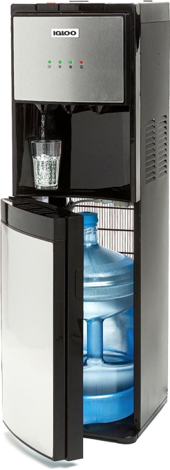 Igloo IWCBL353CRHBKS Stainless Steel Hot, Cold & Room Water Cooler Dispenser, Holds 3 & 5 Gallon Bottles, 3 Temperature Spouts, No Lift Bottom Loading, Child Safety Lock, Black/Stainless