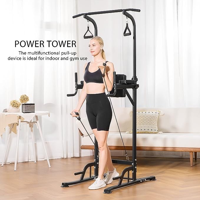 VIVOHOME Height Adjustable Multi-Function Power Tower with Backrest Workout Dip Station Pull Up Bar Stand Fitness Strength Training Exercise Equipment for Home Gym 330LBS