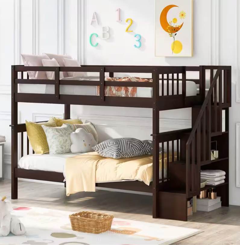 Qualler Hazzard Espresso Twin Over Twin Bunk Bed with Stairs and Shelves (INCOMPLETE SET, BOX 3 of 3 ONLY)