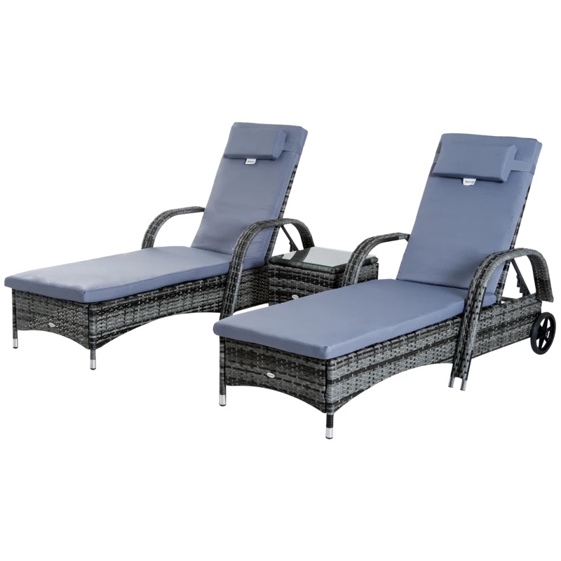Outsunny 3 Piece Outdoor Furniture Set, 2 Reclining Chaise Lounge Chairs, Rolling Wheels, Armrests, Headrests, Thickly Cushioned, 1 Side Table, PE Plastic Rattan, Grey (INCOMPLETE SET, BOX 1 of 2 ONLY)
