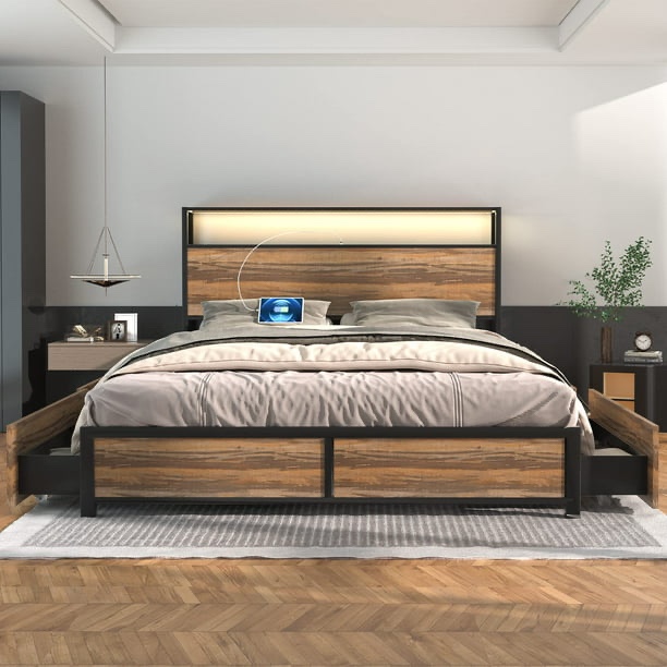 Blotout Queen Size Bed Frame with LED Lights Headboard & Storage Drawers - Metal Platform Bed with Power Outlet and USB Ports(Brown-Queen)