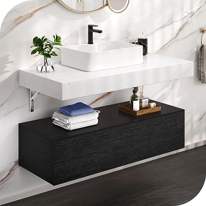 HERNEST Floating Black Bathroom Vanity with Sink 40 Inch Wall Mounted Vanity Bathroom Cabinet with Rock Panel Tabletop, Separate Ceramic Basin Sink and Storage Cabinet for Washroom  (Box 1/2 Only)