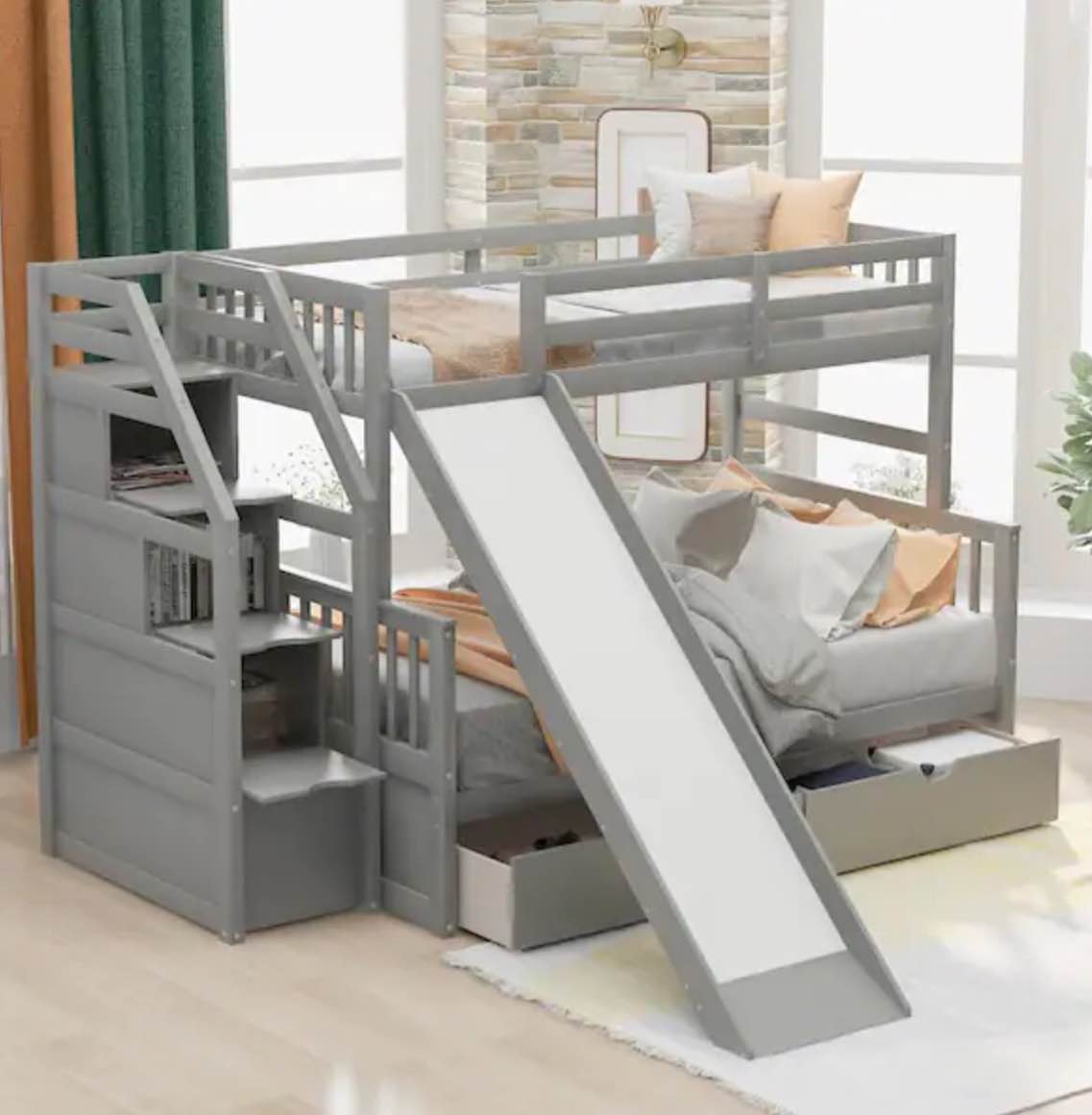 (Box 2/3)Gray Twin Over Full Bunk Bed with Drawers and Slide(Incomplete)