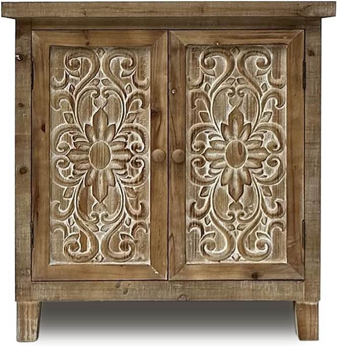 CreativeWise Retro Wood Storage Cabinet with 2 Carved Design Doors and a Movable Shelf, Farmhouse Wood Furniture for Entryway Living Room, Rustic Brown, 30.5" H