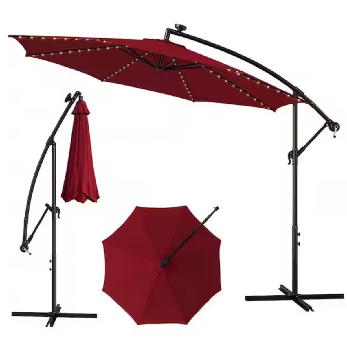 10 ft. Solar-Lighted 112 LED Cantilever Offset Patio Umbrella Crank Tilt in Wine