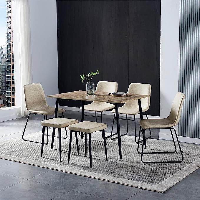 Hanway Modern Dining Table Set for 6 | 4 Chairs + 2 Benches | Upholstered Seats | Rectangular Kitchen & Living Room Furniture | Metal Legs | Faux-Leather | Stylish Home Décor Piece (White Chair) (incomplete 1 box only)