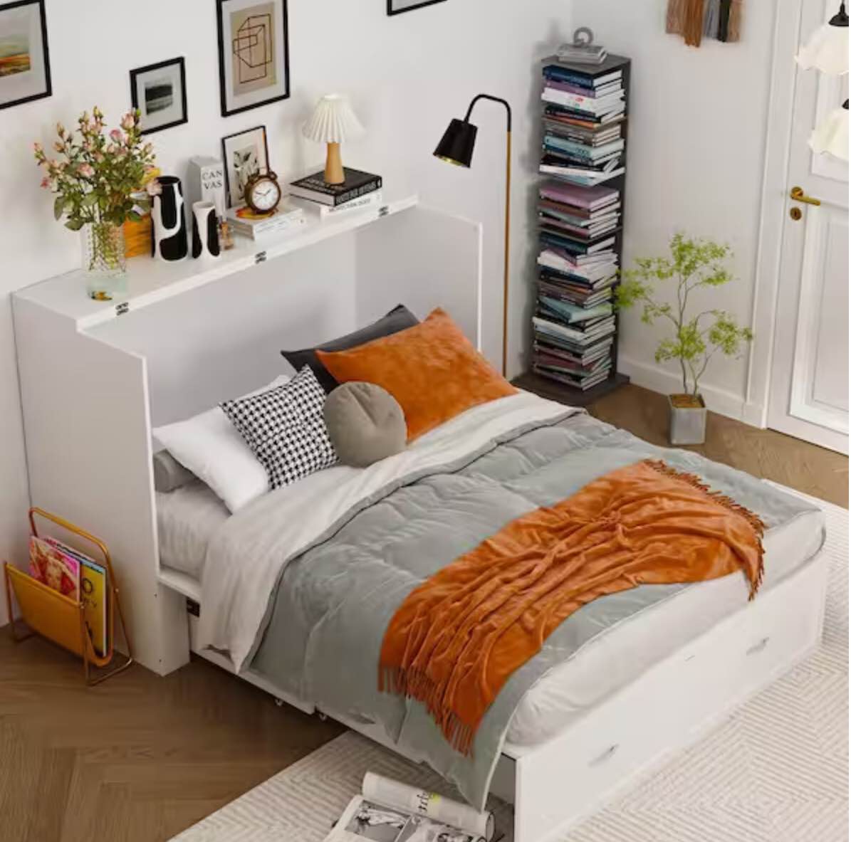 White Wooden 55.1 in. W Chest of Drawers, Can Convertible to Queen Size Bed with USB Charging Station and Wheels (incomplete 1 box only)