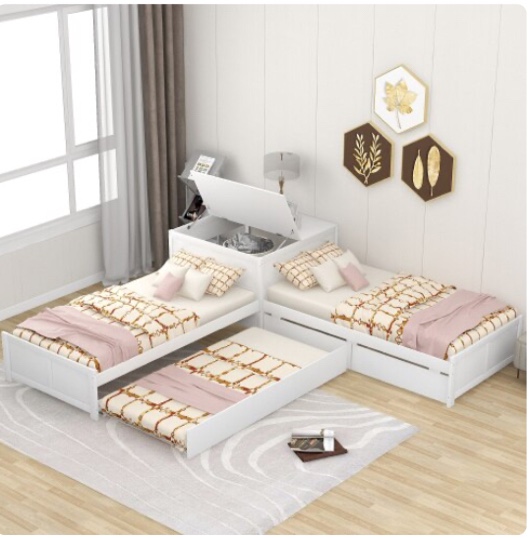 L-shaped Platform Bed with Trundle and Drawers Linked with Built-in Desk\ Twin\ White White Pine (incomplete 1 box only)