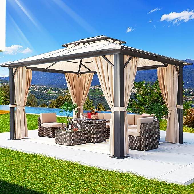 Aoxun Hardtop Gazebo, Outdoor Polycarbonate Double Roof Aluminum 10'x 13' Gazebo with Netting and Curtains for Deck Backyard Wedding Garden (incomplete 1 box only)