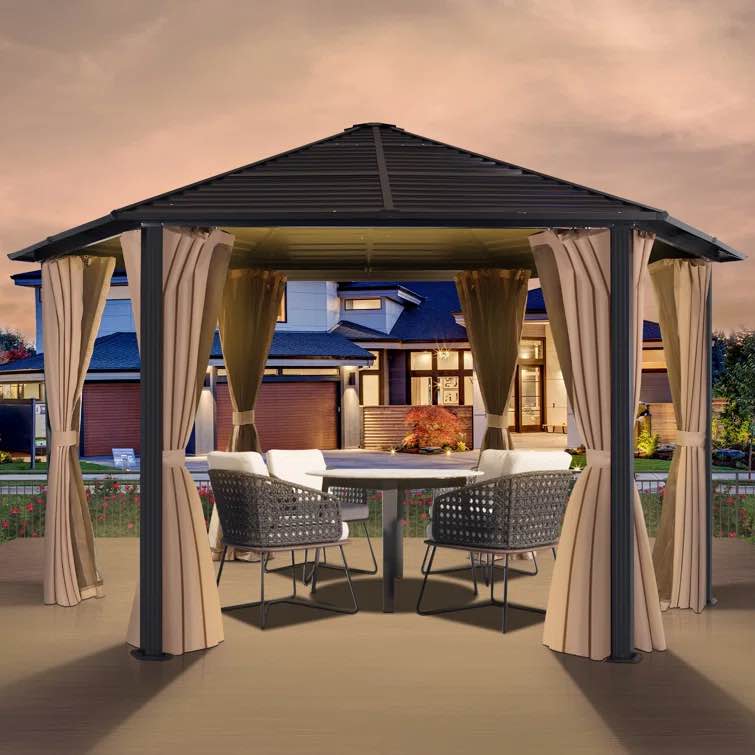 13. W x 13. D Aluminum Galvanized Hardtop Hexagonal Patio Gazebo with Netting & Curtains (incomplete 1 box only)