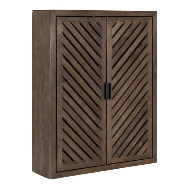 Kate and Laurel Mezzeta Decorative Modern Two-Door Floating Bathroom Cabinet, 28 x 22 x 7, Natural Wood, Decorative Over Toilet Storage Cabinet Made from Solid Mango Wood with Slatted Chevron Design