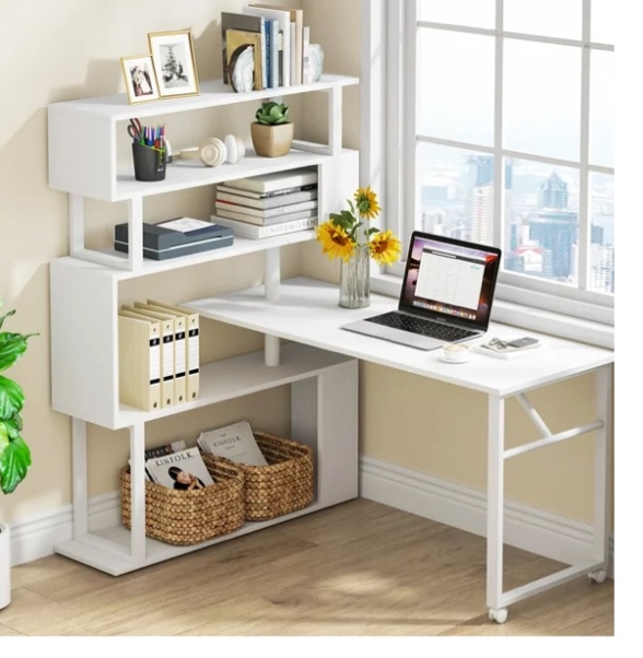 TribeSigns Rotating Computer Desk with 5 Shelves Bookshelf, Vintage Rustic L-Shaped Corner Desk with Storage, Reversible Office Desk Study Table Writing Desk on Wheels for Home Office
