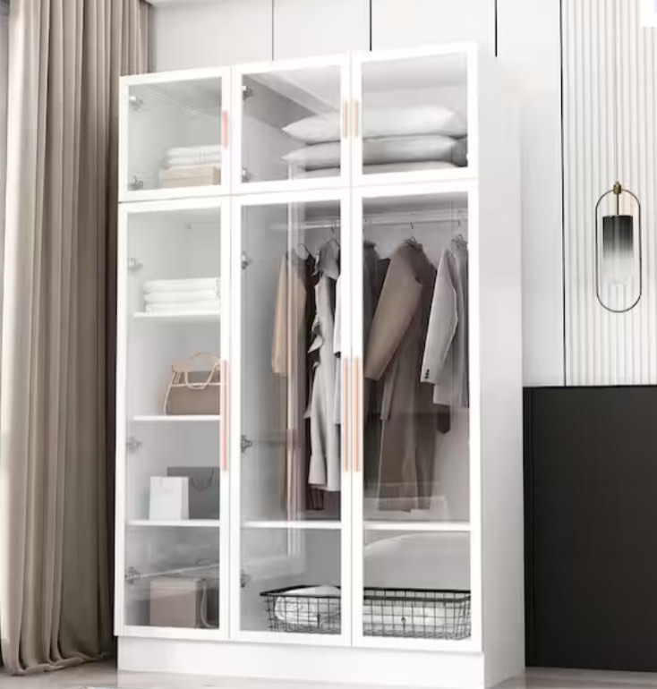 White Wood 47.2 in. W Glass Doors Armoires Metal Frame Wardwore with LED Lights, Hanging Rod (74.8 in. H x 19.2 in. D