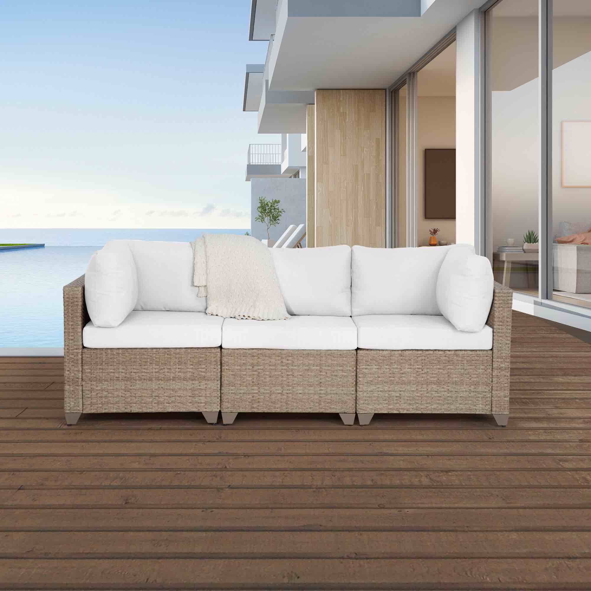 Arlesa 3-Piece Outdoor Sectional Sofa in Natural Aged Wicker (incomplete corner sofas with cushions only)