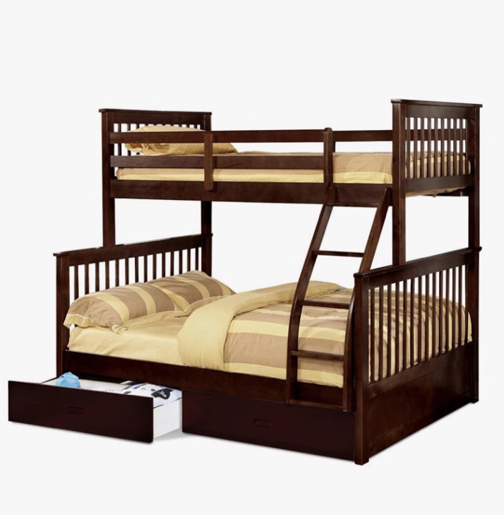 BEKids Traditional Wood Twin/Full Bunk Bed with 2 Drawers in Java Brown