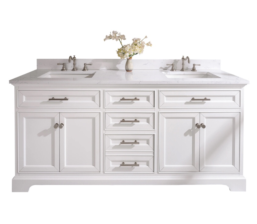 Thompson 72 in. W x 22 in. D Bath Vanity in White with Engineered Stone Vanity Top in Carrara White with White Basins