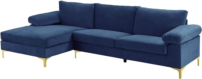 Modern Sectional Sofa L Shaped Velvet Couch, with Extra Wide Chaise Lounge and Gold Legs 