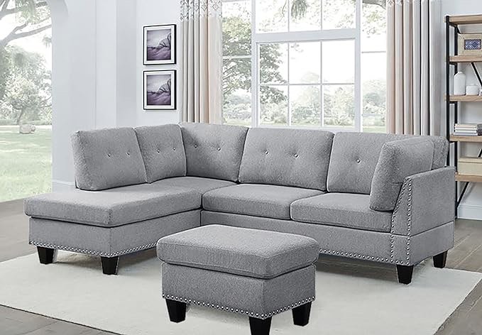 Piece Light Gray Linen L-Shaped Right-Facing Chaise Sectional Sofa F09913B-C (Similar To Stock Photo) INCOMPLETE SET