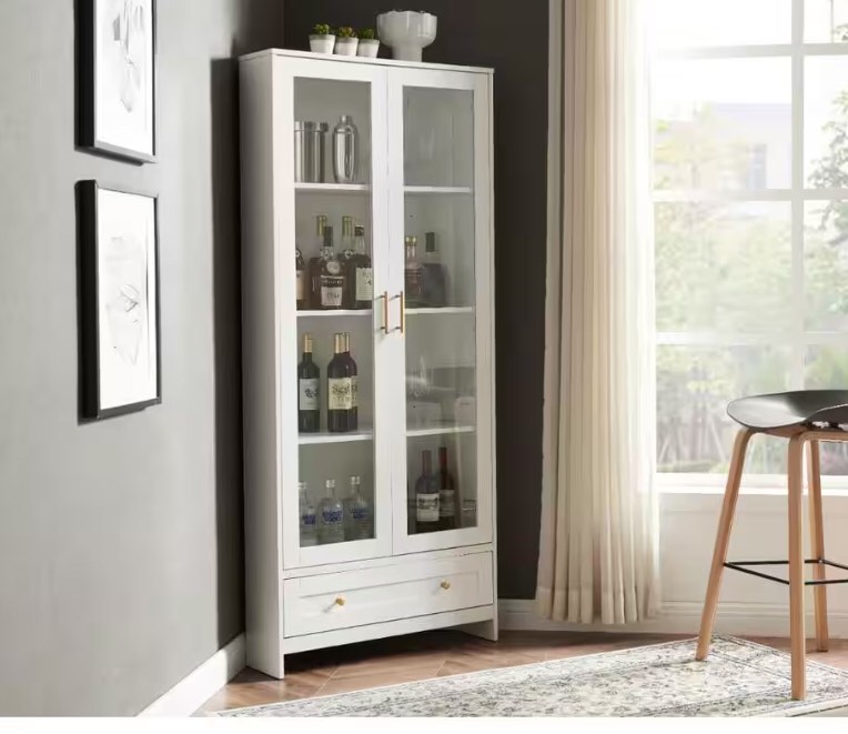Home Source Corner Storage Cabinet in White with Glass-Doors - White 