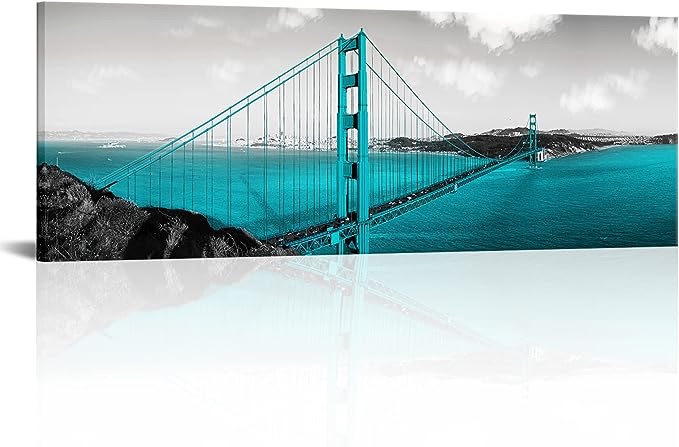 Conipit XLarge Us City Wall Art Red Golden Gate Bridge Canvas San Francisco Picture Blue Sea Blue Bridge Black and White Skyline Artwork for Home Office Decor Framed Ready to Hang 20x56 Inch