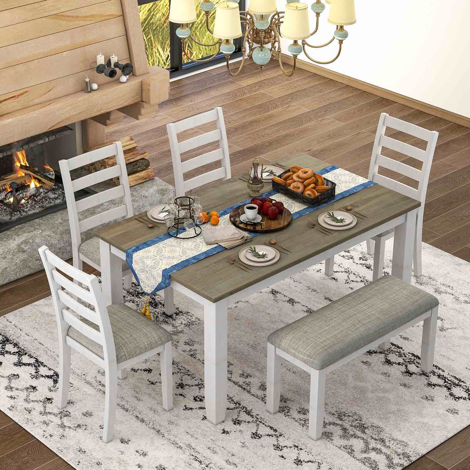 TREXM Style 6-Piece Dining Room Table Set with 4 Upholstered Chairs & a Bench