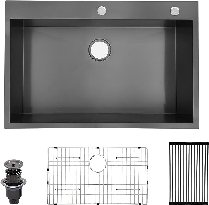 Kichae 25 Inch Black Drop in Kitchen Sink 25x22 Topmounted 18 Gauge Nano-Coating Stainless Steel Single Bowl Kitchen Sink, Gunmetal Black