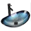 Boat Shape Blue Glass Vessel Sink with Faucet in Black included Pop-up Drain