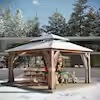  15 ft. x 13 ft. Wood Grain Aluminum Double Galvanized Steel Roof Gazebo with Ceiling Hook, Mosquito Netting and Curtains