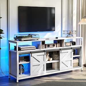 TC-HOMENY TV Stand for 65 inch TV, TV Cabinet with Power Strip and LED Strip Light Entertainment Center Console, Sliding Barn Door and Adjustable Shelves, Mid Century Modern Style Living Room White