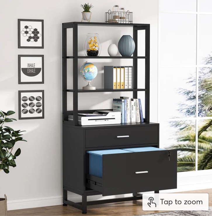 Vertical File Cabinet, 2 Drawers Filing Cabinet with Open Shelves