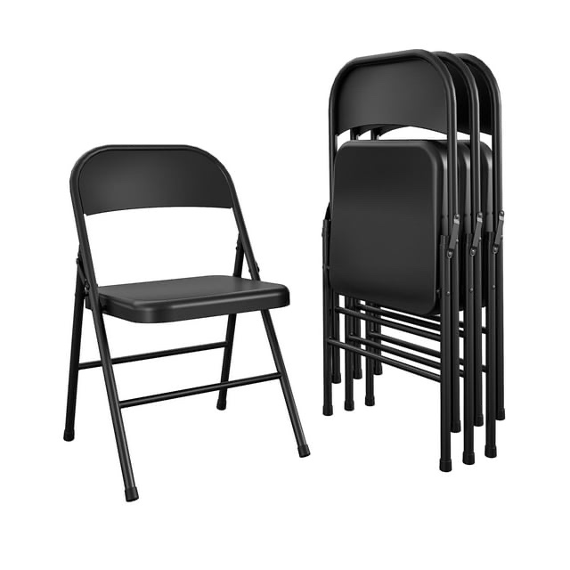 COSCO Essentials All-Steel Metal Folding Chair, Full-Size, Double Braced, Black, 4-Pack