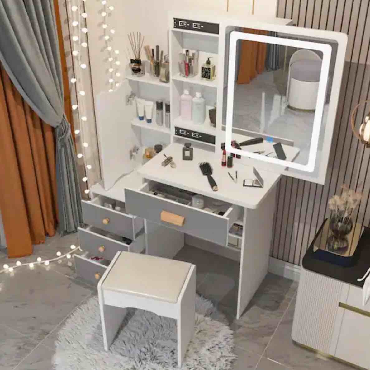 4-Drawers White Wood Makeup Vanity Sets Dressing Table Sets with Stool, Mirror, LED Light, Door and Storage Shelves (incomplete 1 box only)