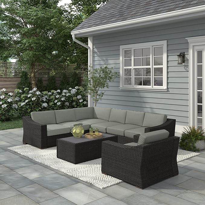 Glenwillow Home Portland 6-PC Patio PE Rattan Sectional and Arm Chair in Grey with Rectangular Coffee Table(similar to stock)(Incomplete-Corner Chair Only)