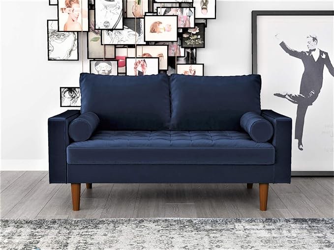 Container Furniture Direct S5455 Mid Century Modern Velvet Upholstered Tufted Living Room Loveseat, 57.87", Space Blue