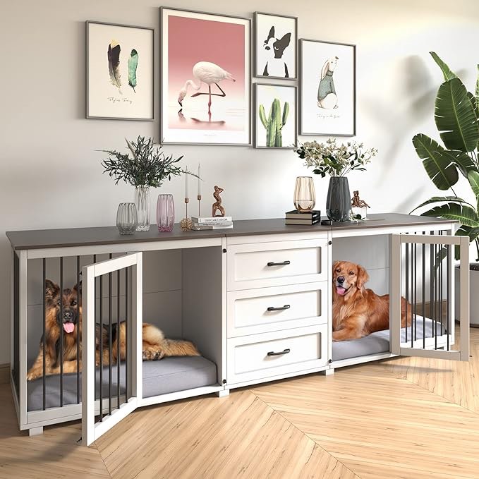 Dog Crate Furniture - Wooden Dog Kennel with 3 Drawer, Double Doors with Locks,95”x23”x32”H, White (Incomplete)