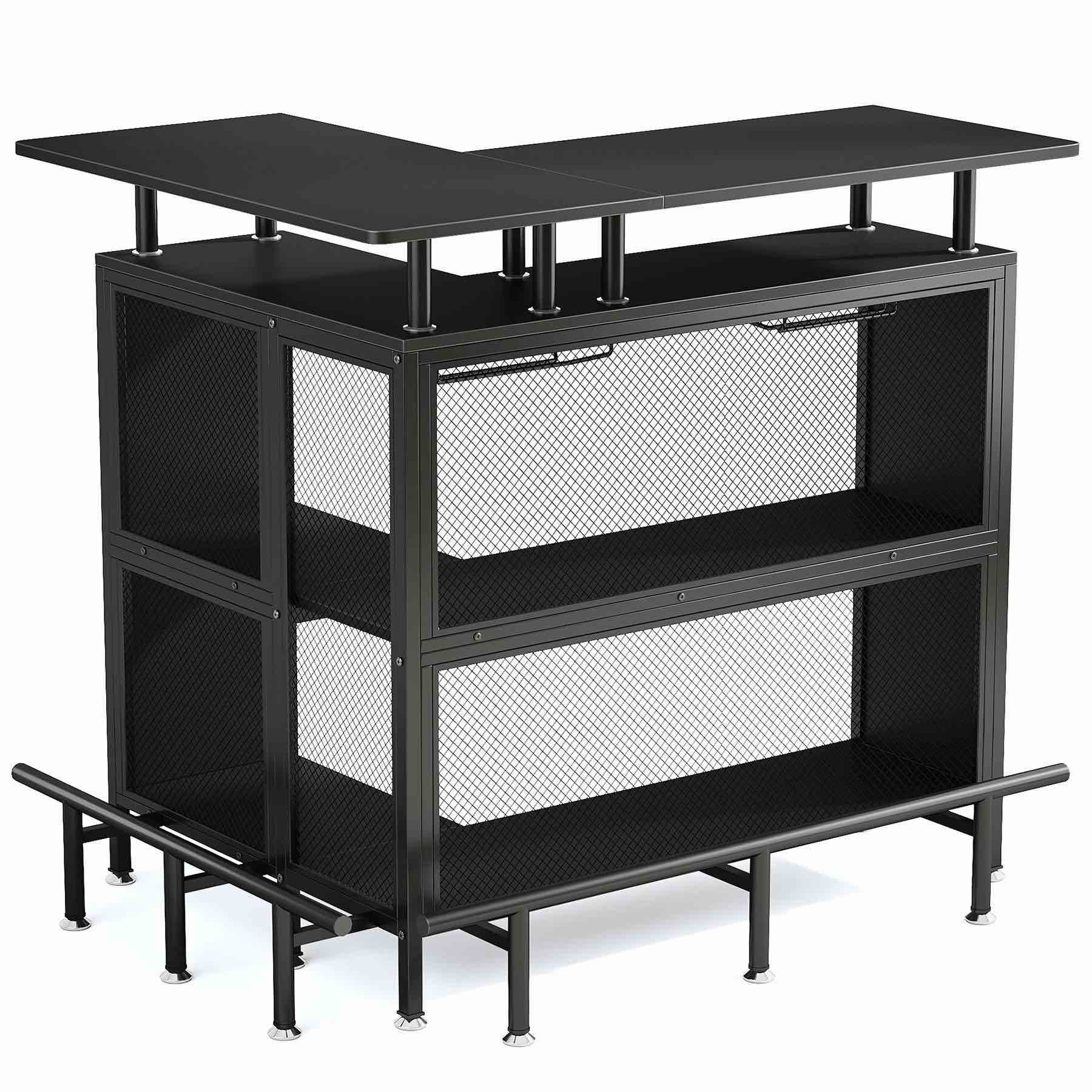 Home Bar Unit, L-Shaped Liquor Bar Table with Glasses Holders & Shelves