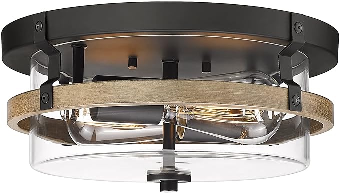 EAPUDUN Farmhouse Ceiling Light, Wooden Flush Mount Ceiling Light Fixtures with Clear Glass Shade, Retro 2-Light Ceiling Lamp for Hallway Entryway Bedroom Kitchen Dining Room FMA1443-FBDT