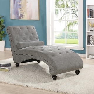 Roundhill Furniture Hervey Tufted Chenille Chaise Lounge with Nailhead Trim, Gray blue