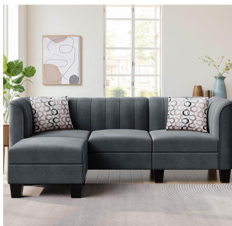 JAMFLY 79'' Sectional Sofa Couch for Living Room, Small 3-Seat L Shaped Couch with Linen Fabric, Convertible Sofa with Chaise Clearance Set for Small Space (Dark Grey) (Incomplete Only 2 Box 